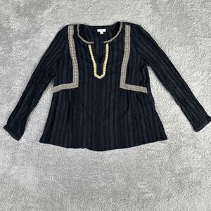 J Jill Women's Long Sleeve V Neck Boho Blouse M Navy Tan Embroidered